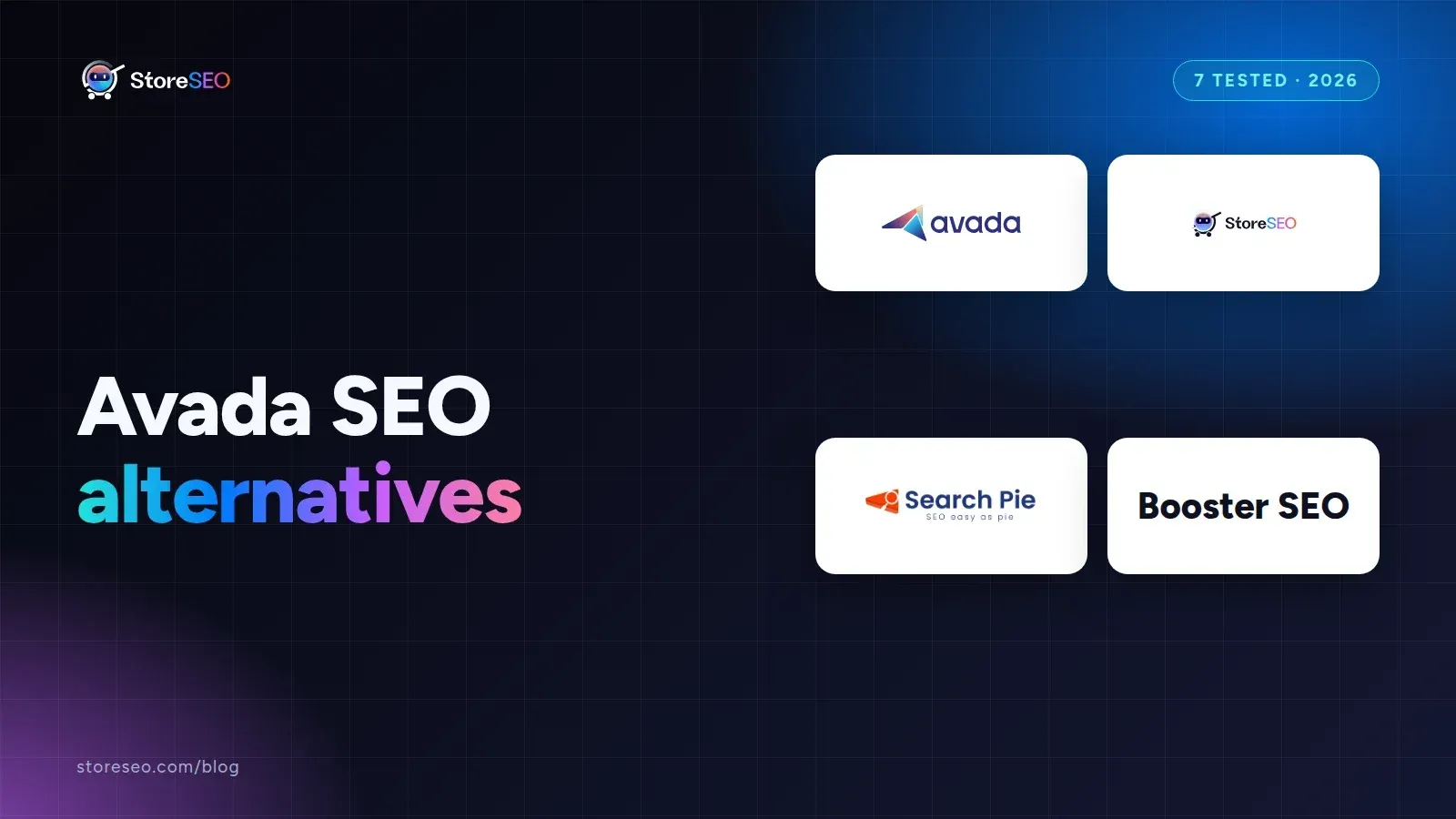 Avada SEO alternatives, with the Avada SEO, StoreSEO, SearchPie, Booster SEO logos, StoreSEO cover