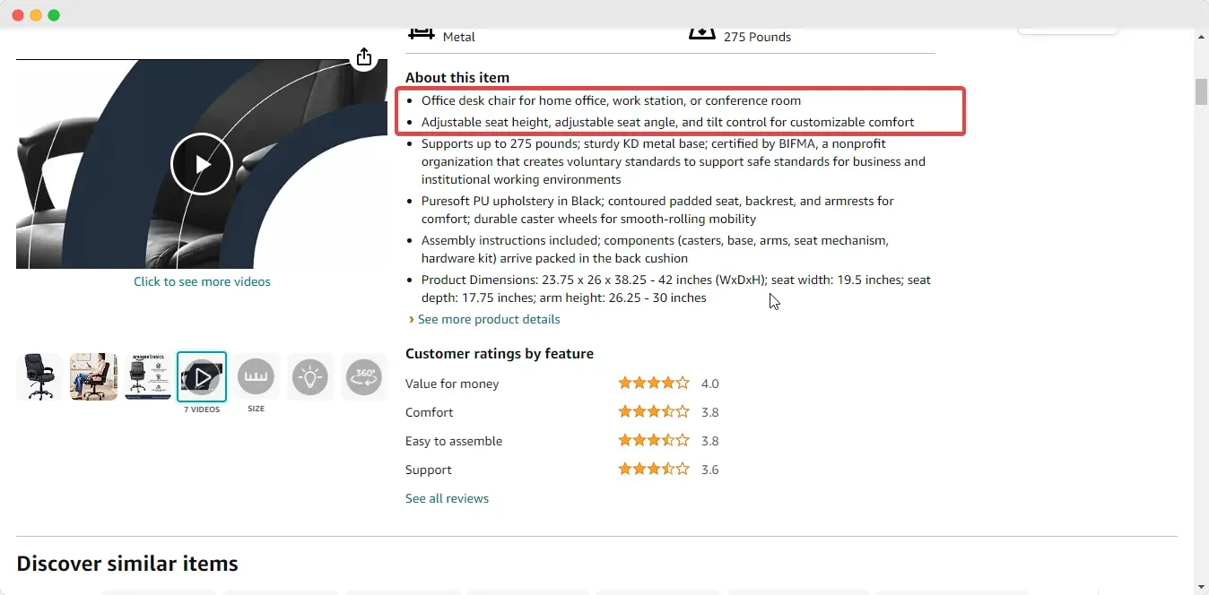 here's how this product has used a clear description about the desk chair on Amazon