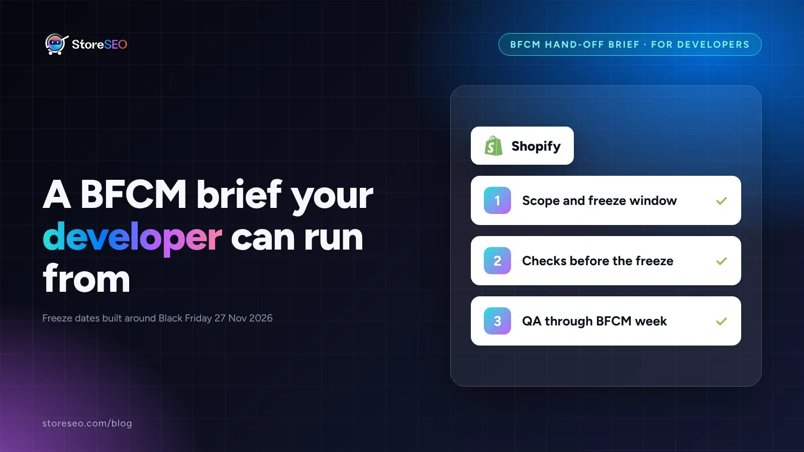 Cover reading A BFCM brief your developer can run from, with a three-step checklist and the Shopify logo on a dark gradient background