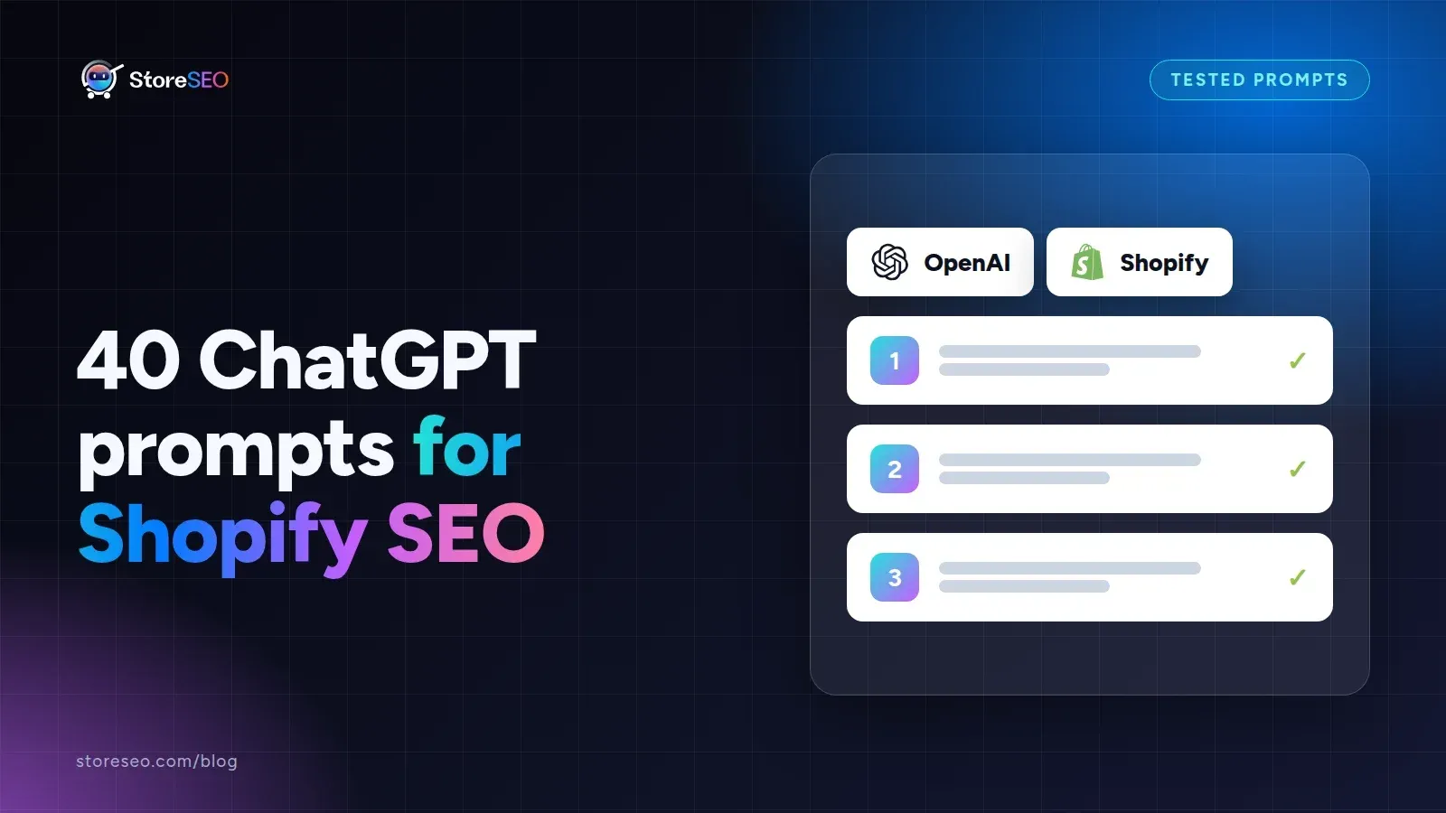 40 ChatGPT prompts for Shopify SEO, with the OpenAI and Shopify logos, StoreSEO cover