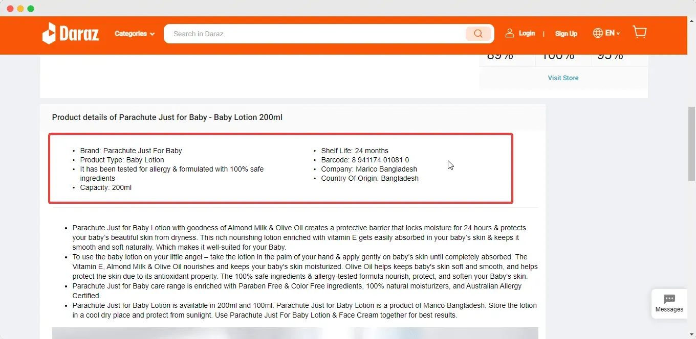 here is an example from an ecommerce store on how to use bullet points for product description