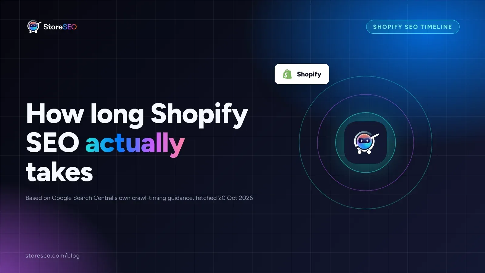 StoreSEO cover showing the Shopify logo and the title How long Shopify SEO actually takes