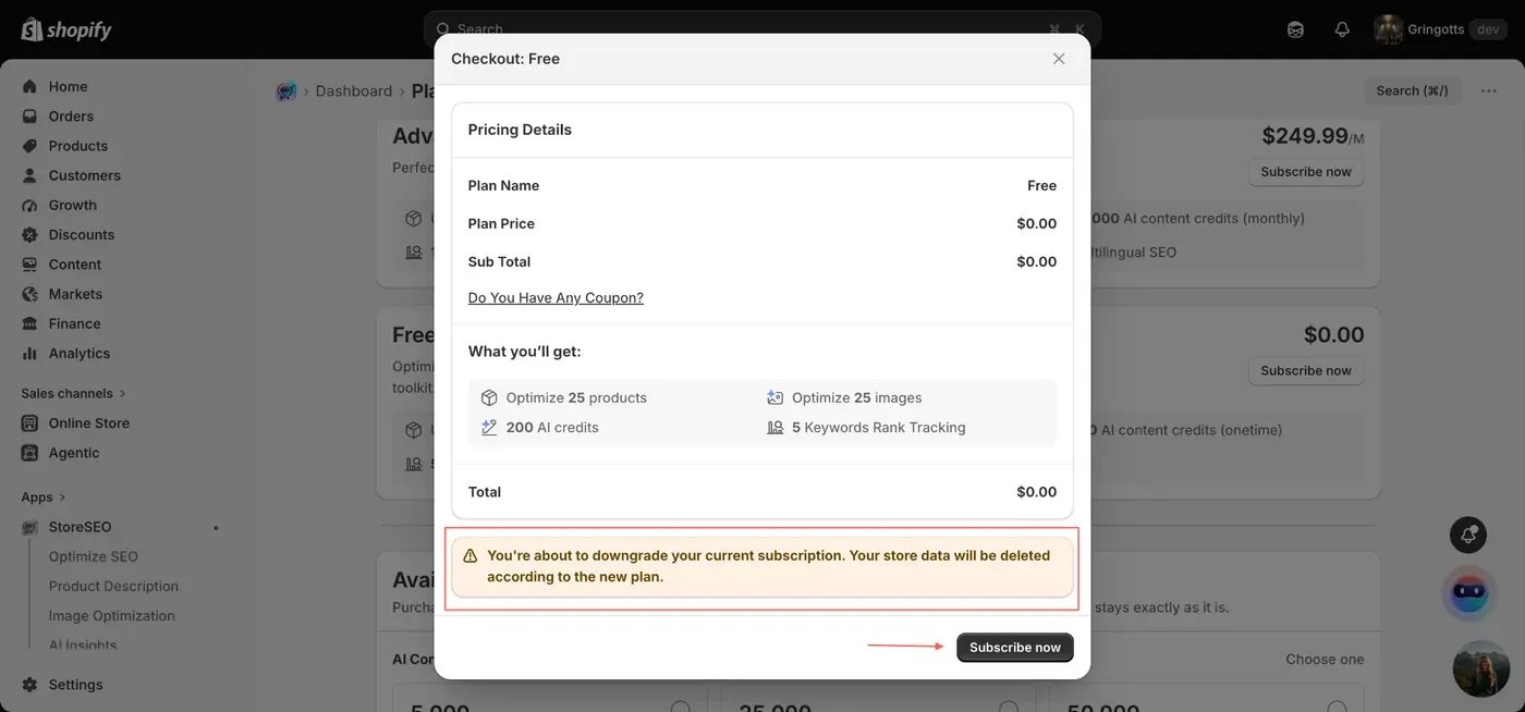 the full Checkout: Free popup with the pricing breakdown, the feature summary and the important data warning highlighted in a yellow notice box. The red arrow points to the Subscribe now button you need to click to finalize your cancellation.