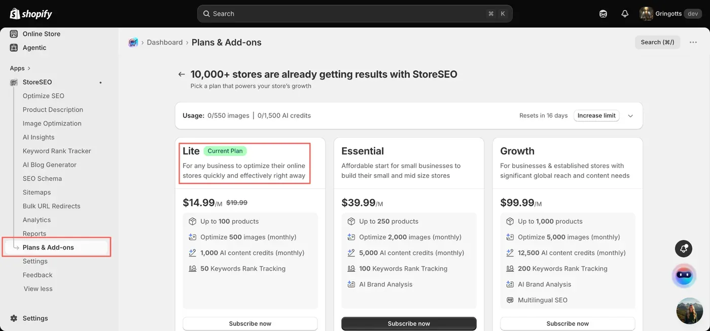 The store is currently on the Lite plan at $14.99/month, which is highlighted with a red border for reference. The Plans & Add-ons menu item in the left sidebar is also highlighted to show exactly where to navigate.