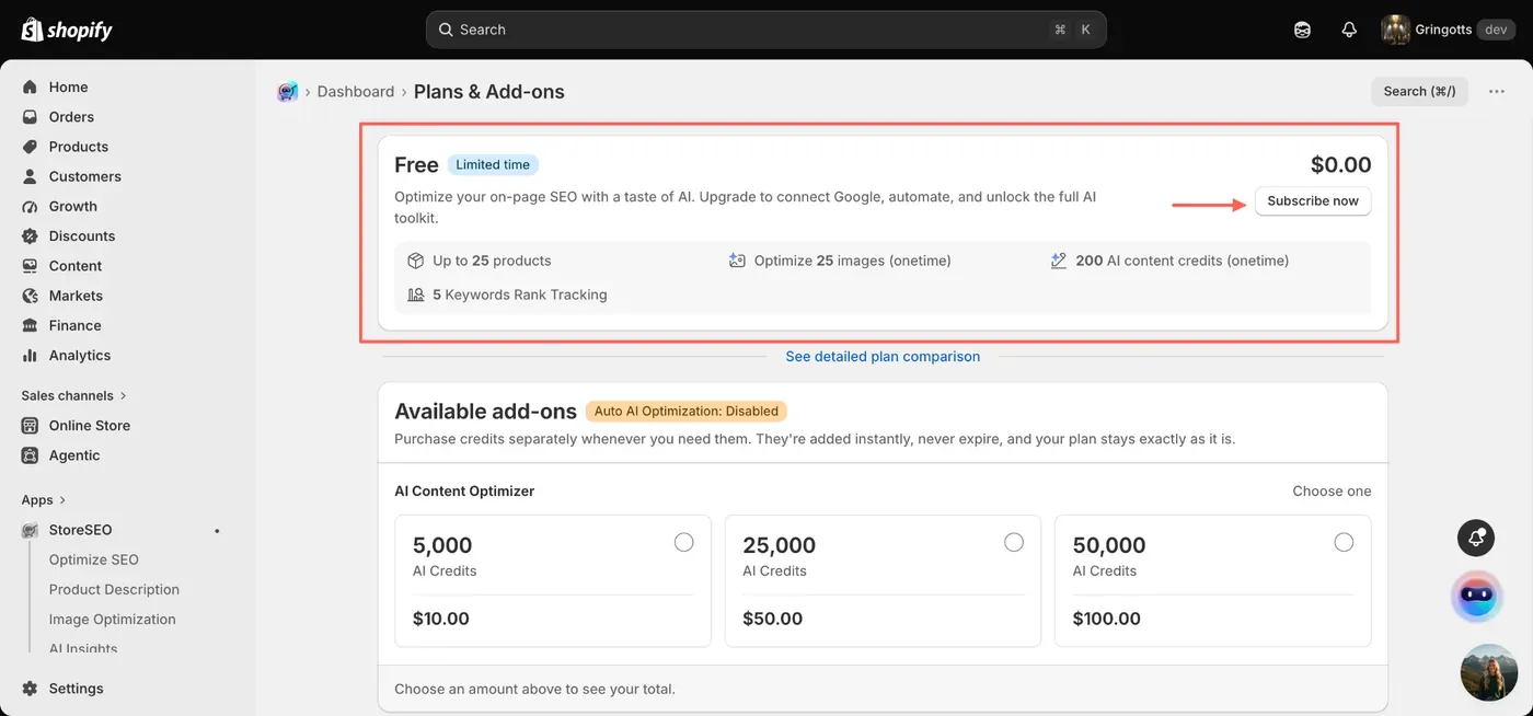 The screenshot above shows the Free plan highlighted with a red border, confirming this is the plan you need to select to downgrade. The red arrow points to the Subscribe now button you need to click to initiate the downgrade process.