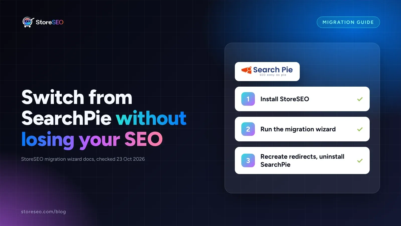 SearchPie to StoreSEO migration wizard, three steps: install, run the wizard, recreate redirects