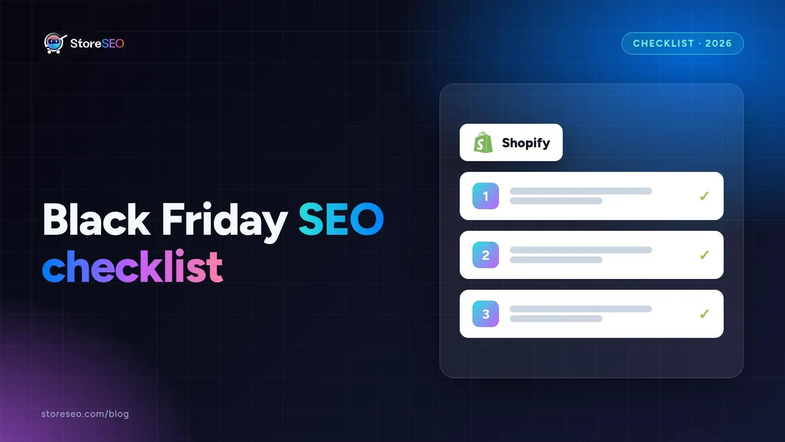 Black Friday SEO checklist, with the Shopify logo, StoreSEO cover