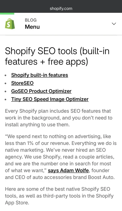 Shopify SEO tools list with StoreSEO right after Shopify built-in features
