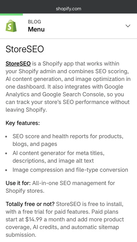 The StoreSEO entry in the Shopify Blog article