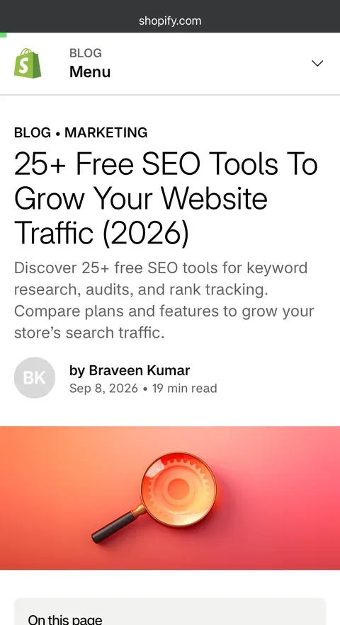 Shopify Blog article title: 25+ Free SEO Tools To Grow Your Website Traffic (2026)