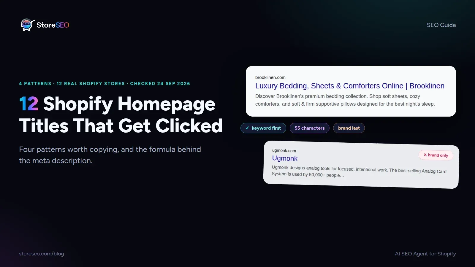 12 Shopify homepage titles that get clicked, with Brooklinen's result as the model and Ugmonk's brand-only title as the mistake