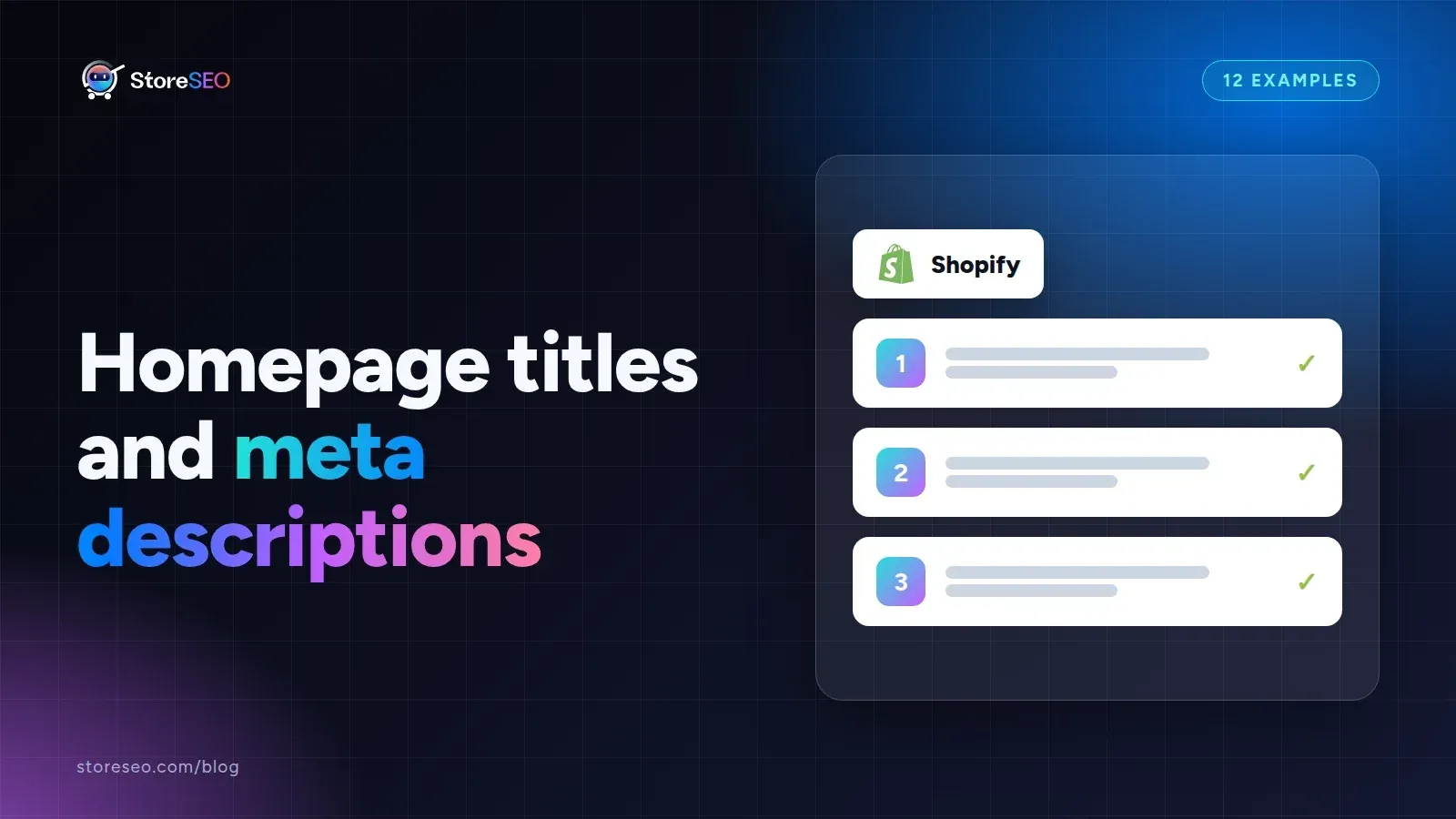 Homepage titles and meta descriptions, with the Shopify logo, StoreSEO cover