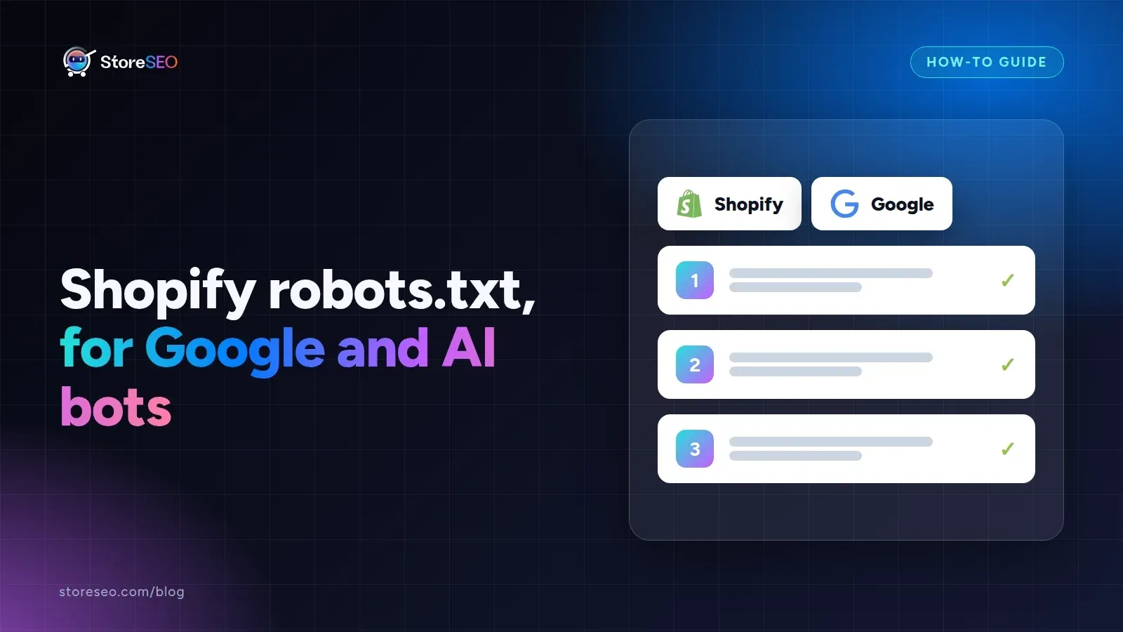 Shopify robots.txt, for Google and AI bots, with the Shopify and Google logos, StoreSEO cover