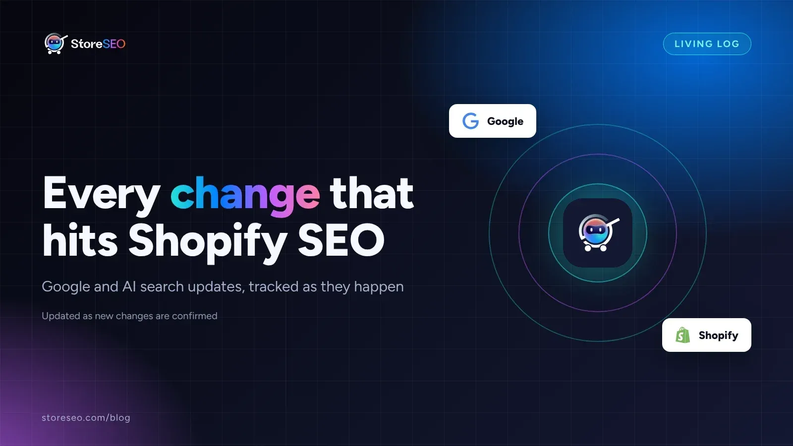 StoreSEO cover for a living log of Google and AI search changes affecting Shopify SEO, with Google and Shopify logo chips