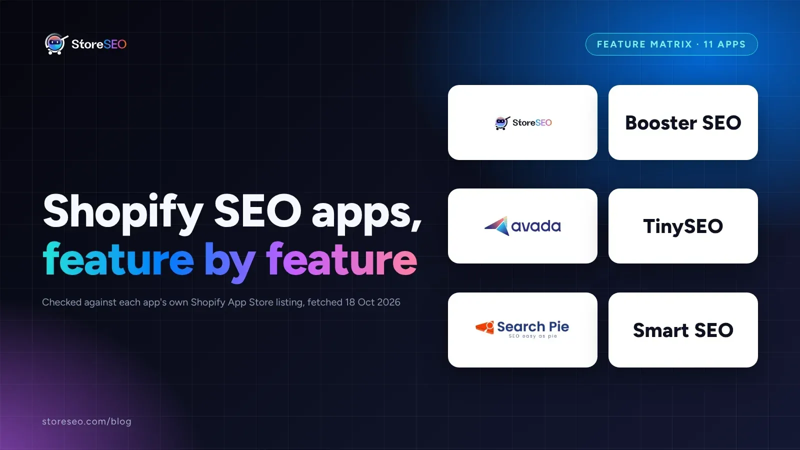 Cover showing StoreSEO, Booster SEO, Avada, TinySEO, SearchPie and Smart SEO logos for a Shopify SEO app feature matrix