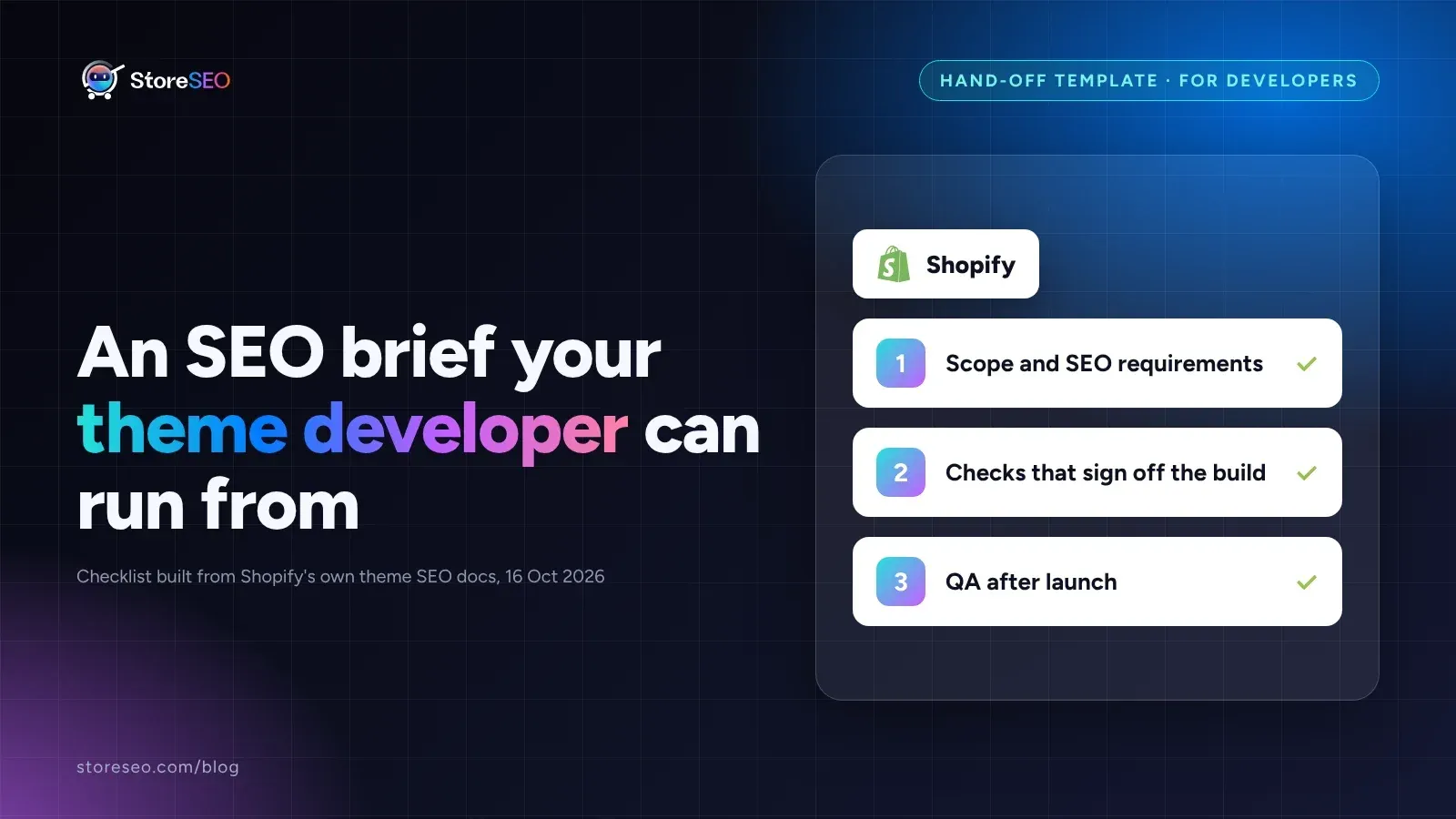 Cover reading An SEO brief your theme developer can run from, with a three-step checklist and the Shopify logo on a dark gradient background