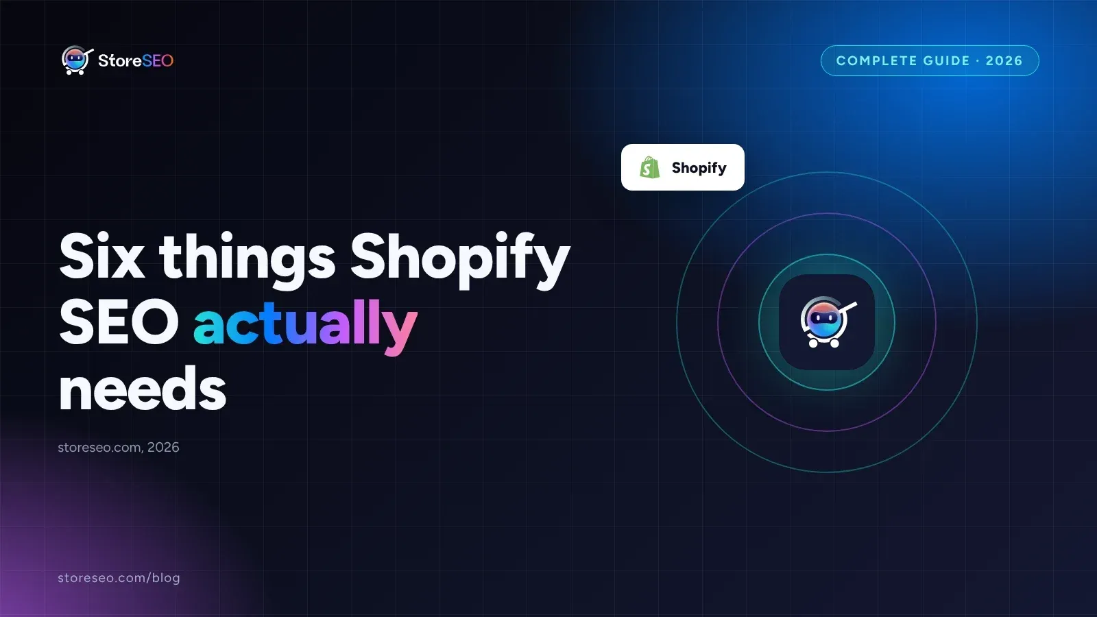 Dark cover reading Six things Shopify SEO actually needs, with the Shopify logo chip and the StoreSEO mark in rings