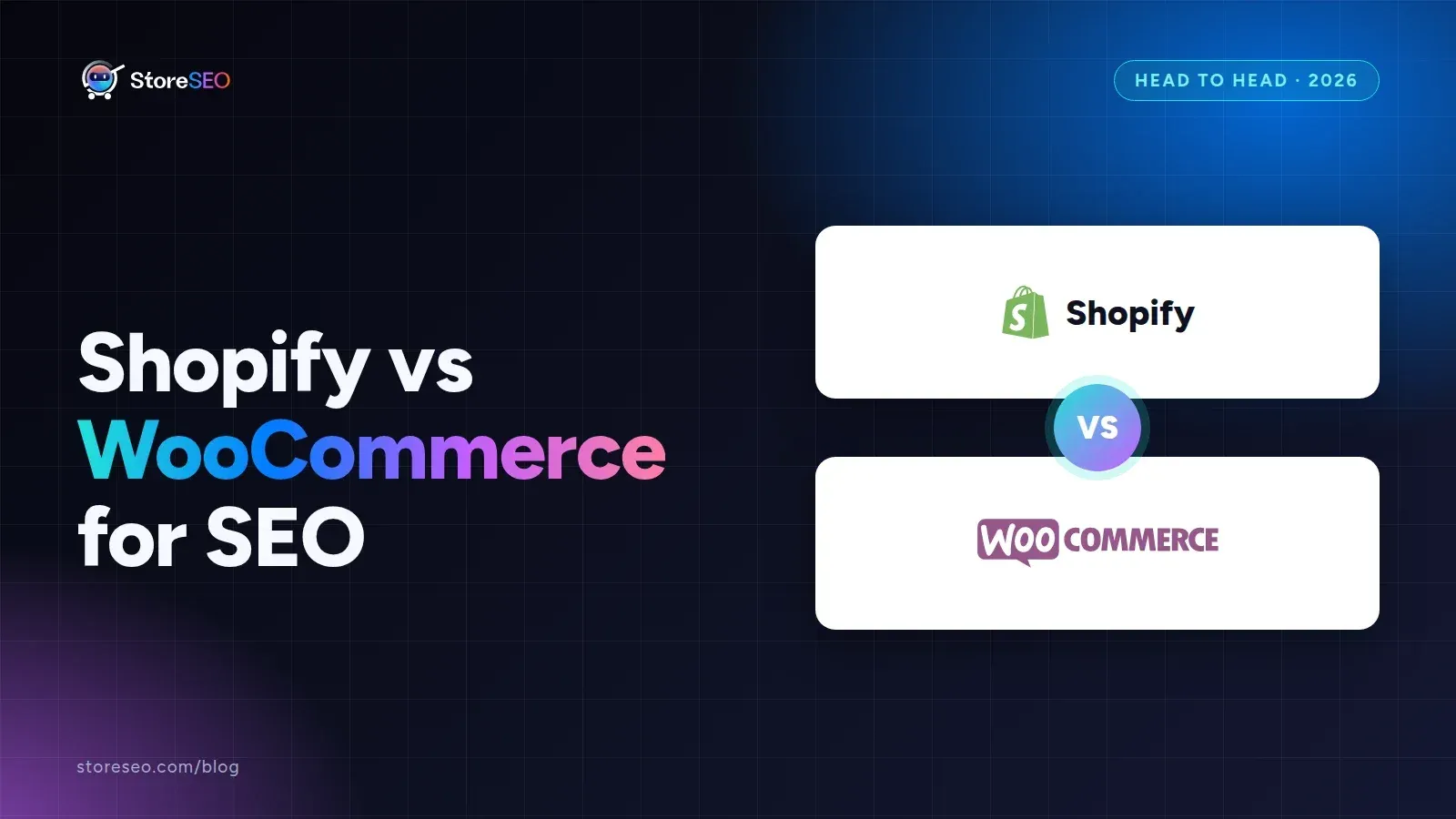 Shopify vs WooCommerce for SEO, with the Shopify and WooCommerce logos, StoreSEO cover