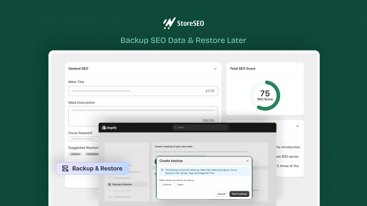 StoreSEO Blog Banner -  Guide  Create & Restore Backup of Your Shopify Store's SEO Data with StoreSEO
