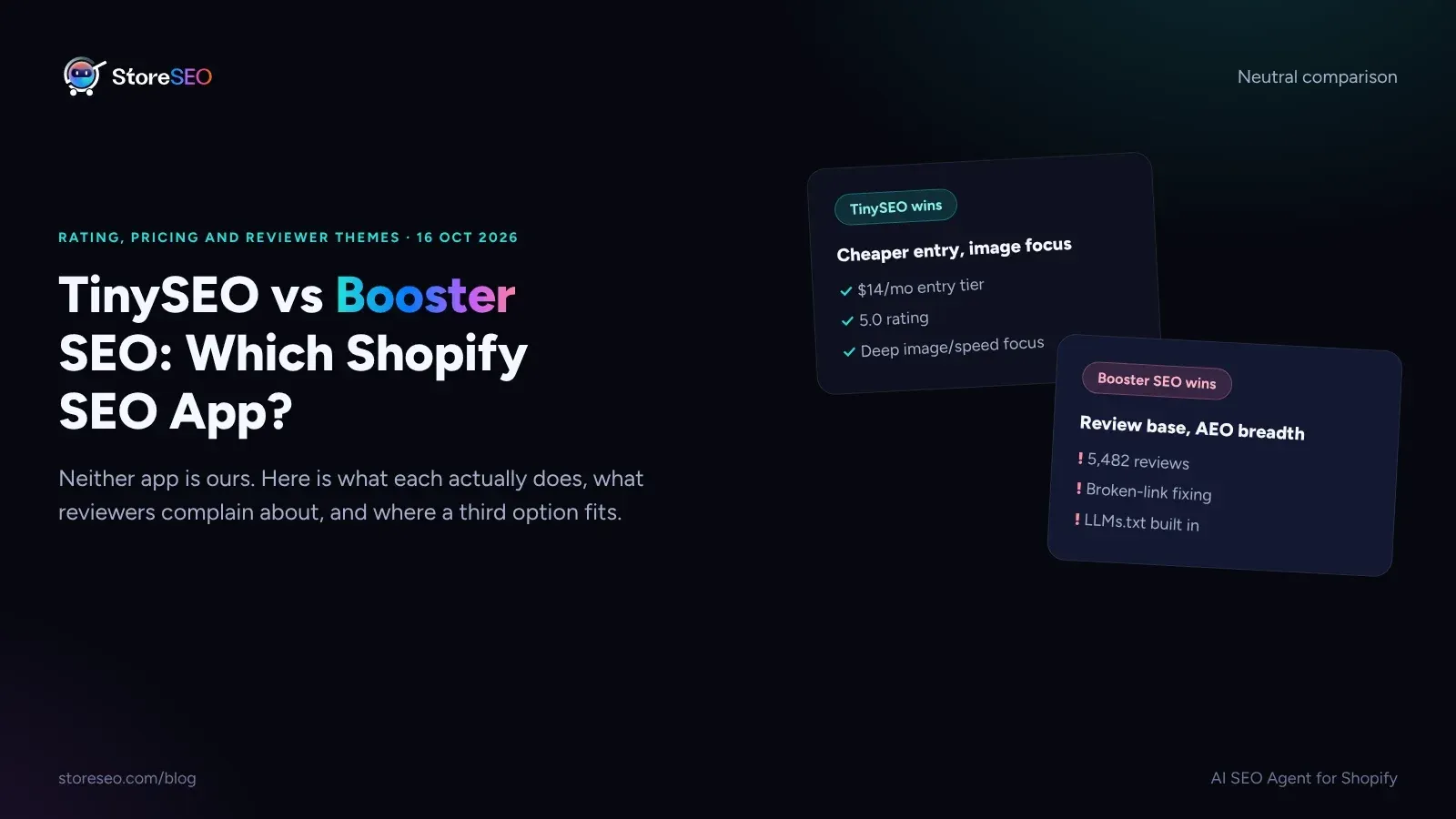 TinySEO vs Booster SEO comparison cover showing cards for where each app wins