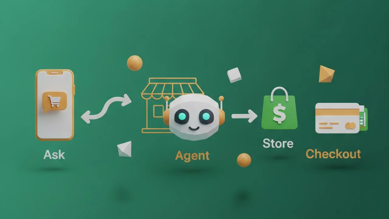 How agentic commerce works: shopper asks an AI agent, the agent reads the store, and checkout completes in the flow