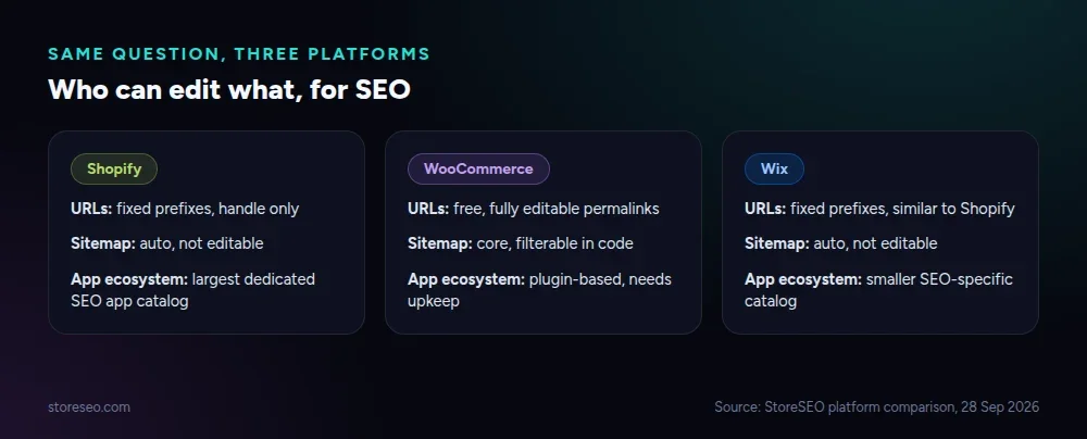 Comparison of who can edit URLs, sitemaps and the app ecosystem across Shopify, WooCommerce and Wix