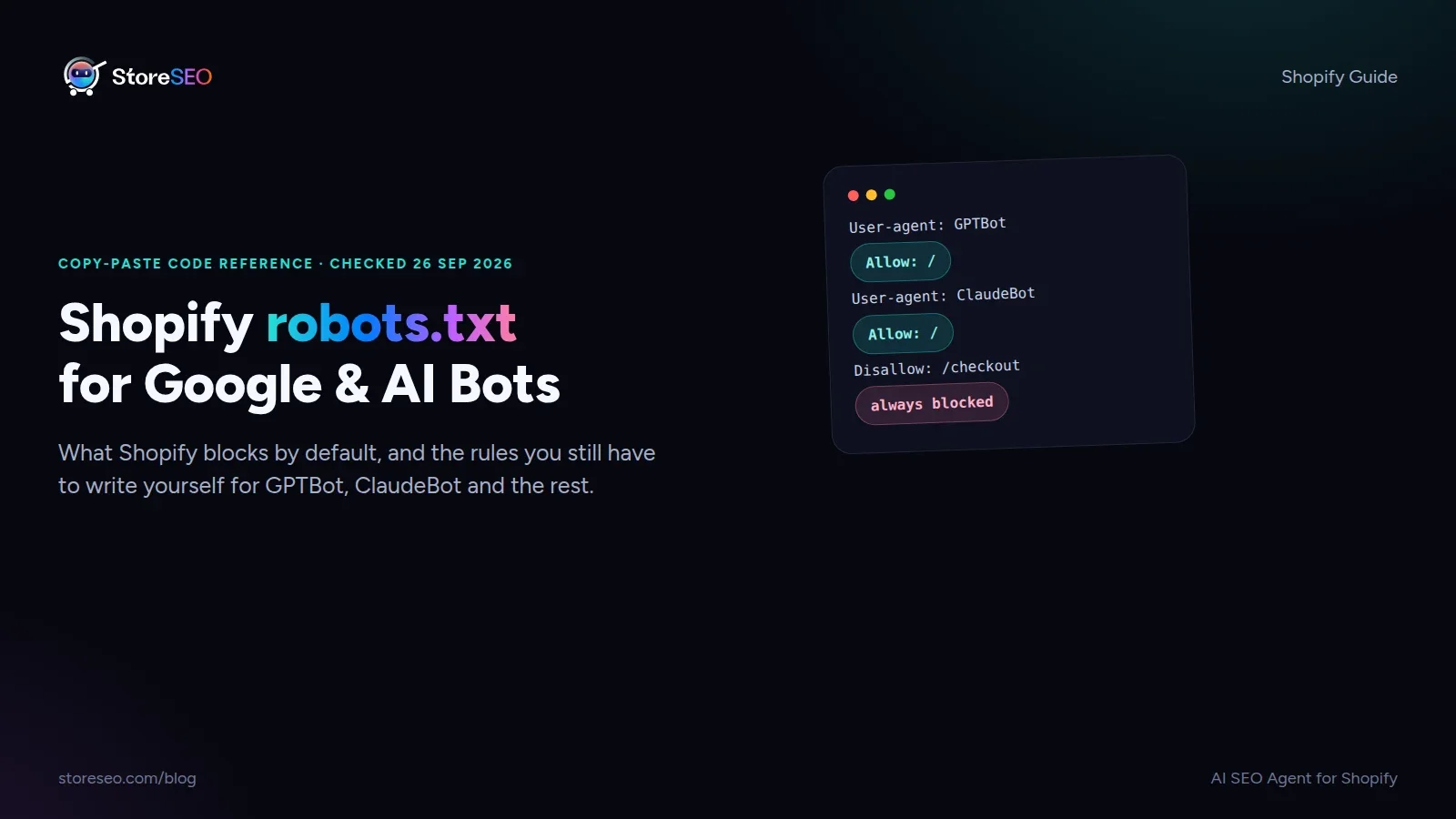 Shopify robots.txt guide showing which search and AI bots are allowed or blocked by default