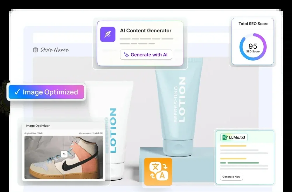 StoreSEO AI Content Generator with a Generate with AI button and a Total SEO Score of 95