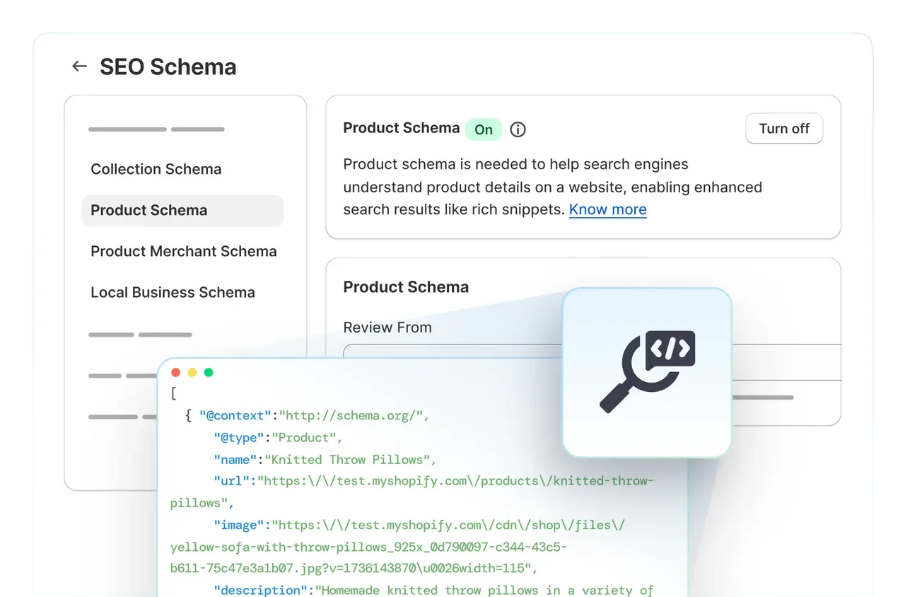 StoreSEO SEO Schema settings with Product Schema turned on and the JSON-LD it outputs