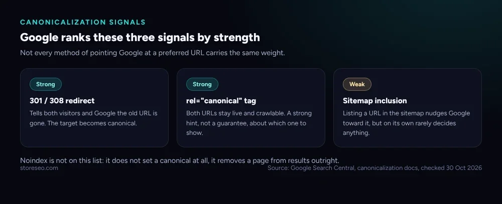 Three canonicalization signals ranked by strength: 301 and 308 redirects, rel=canonical tags, and sitemap inclusion