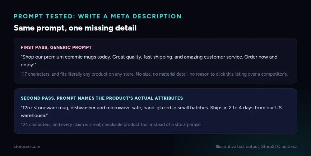 Prompt tested: write a meta description, same prompt with one missing detail, generic output versus one naming real attributes