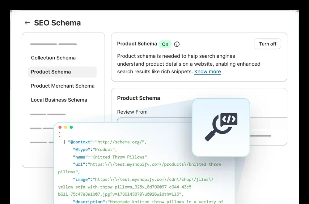 StoreSEO's Product Schema settings screen, showing the Product Merchant Schema toggle and the JSON-LD it generates