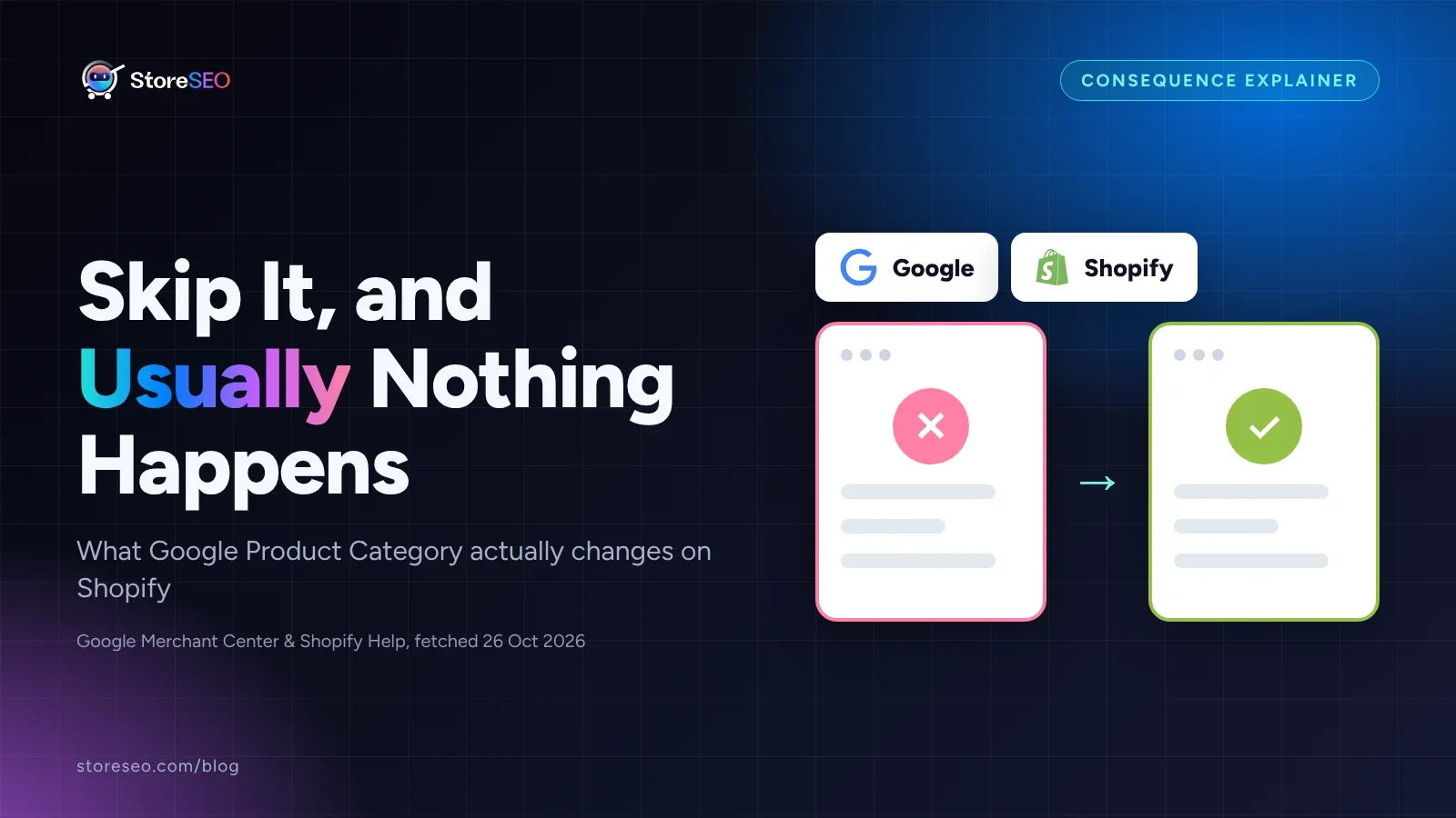A disapproved product card turning into an approved one, with the Google and Shopify logos above them, on a dark StoreSEO cover reading "Skip It, and Usually Nothing Happens"