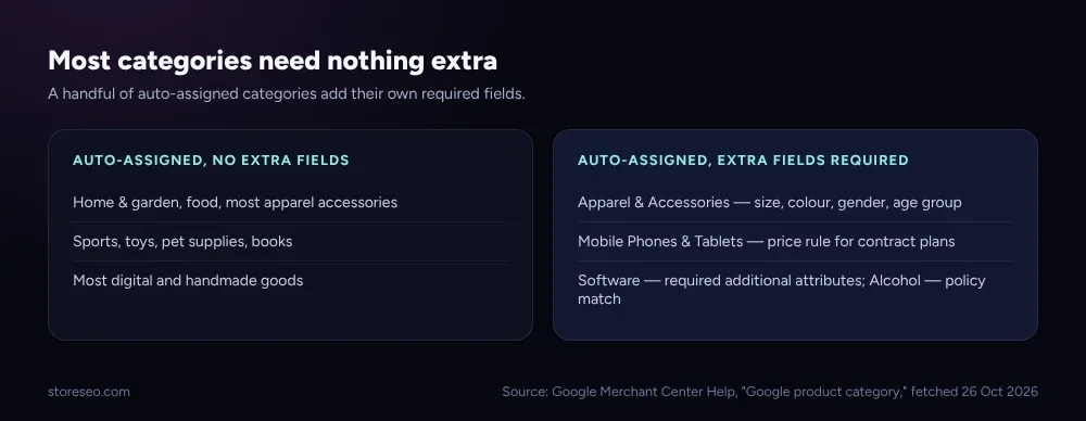 Two columns: categories Google auto-assigns with no extra fields, next to the few that require size, gender, pricing rules or policy compliance