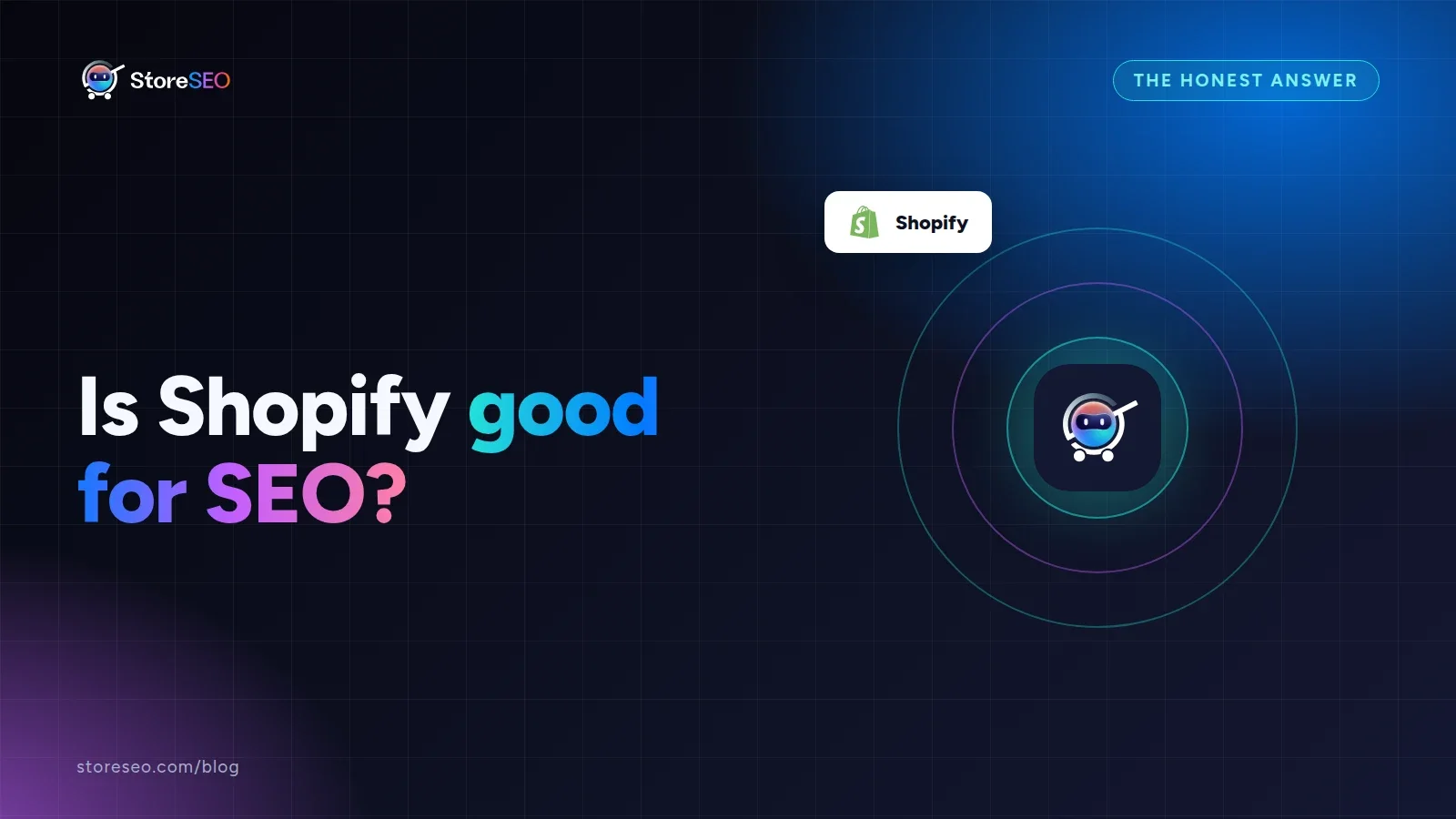 Is Shopify good for SEO?, with the Shopify logo, StoreSEO cover