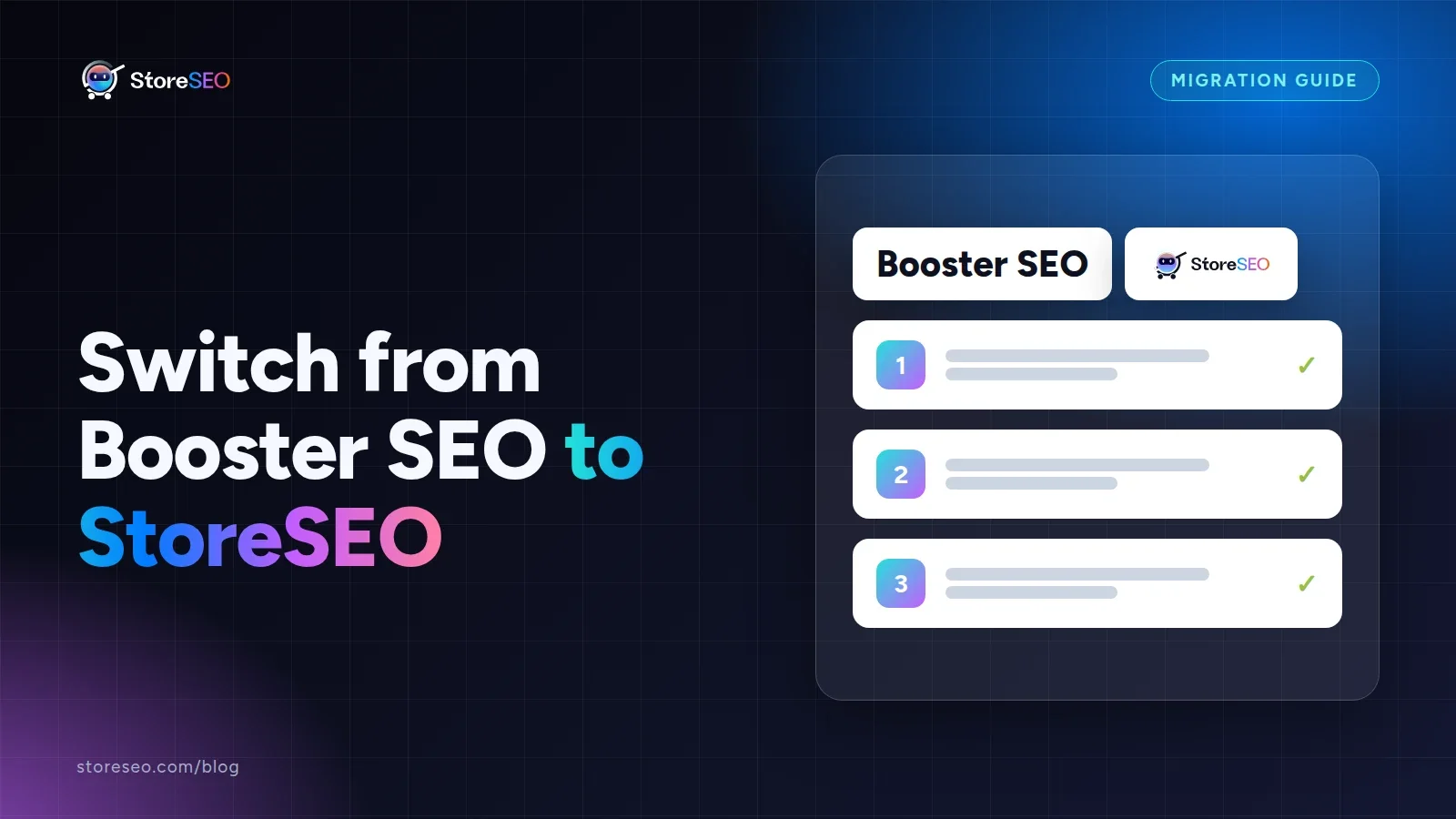 Switch from Booster SEO to StoreSEO, with the StoreSEO logo and the Booster SEO name, StoreSEO cover