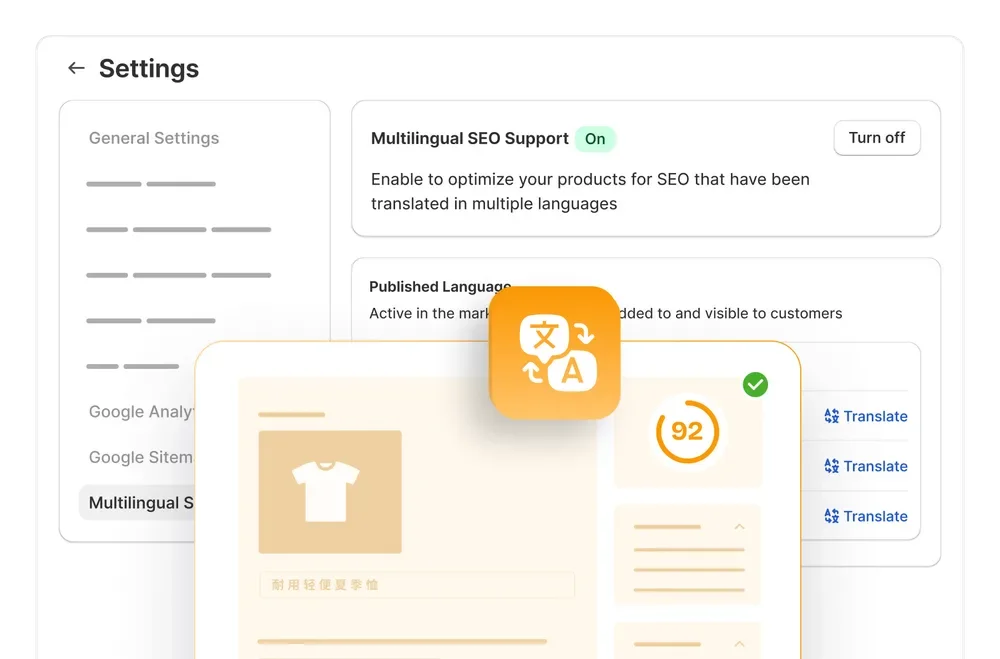 StoreSEO's Multilingual SEO Support settings screen, showing the feature turned on and a translated product queued for optimization at a 92 SEO score