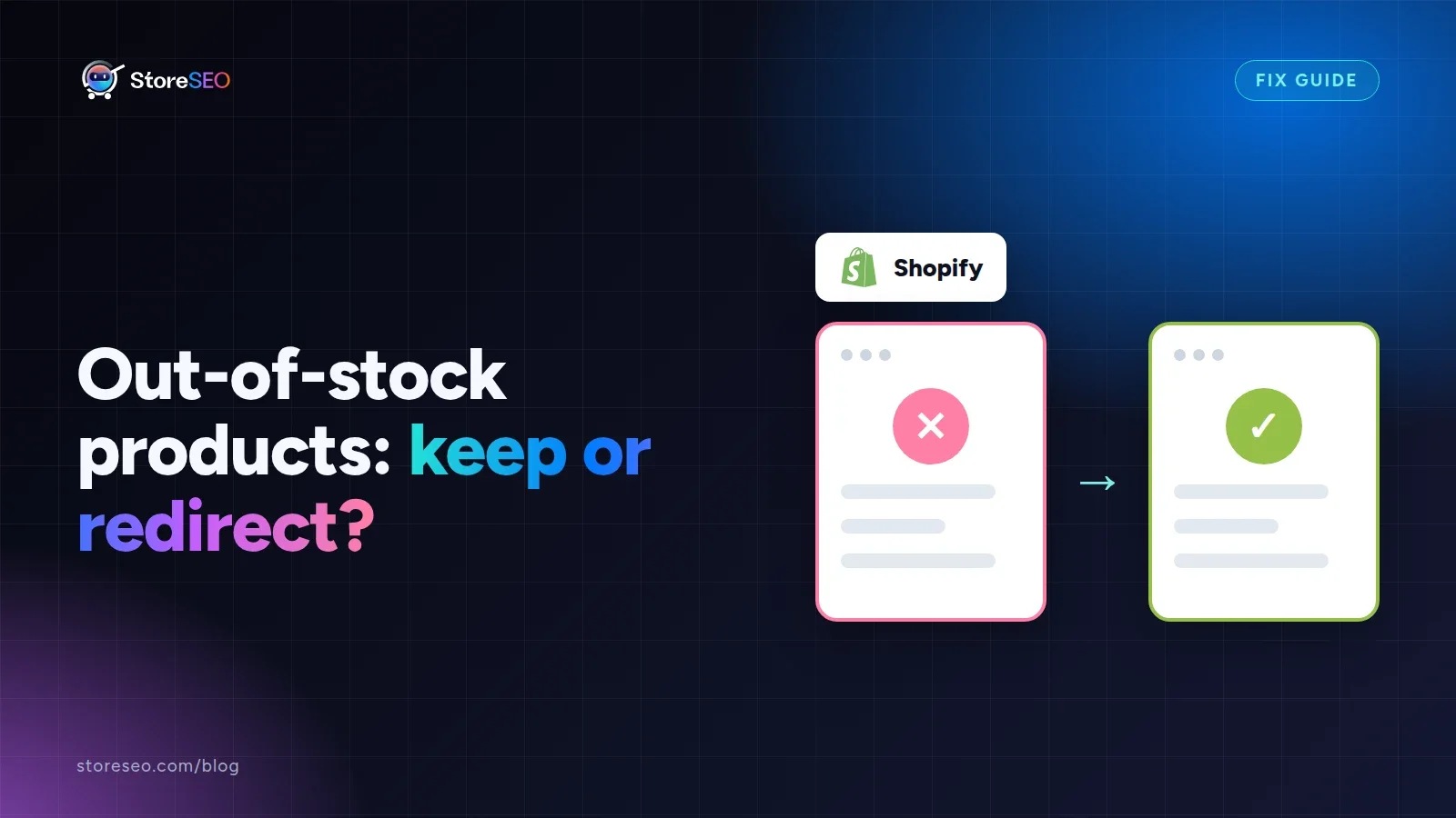 Out-of-stock products: keep or redirect?, with the Shopify logo, StoreSEO cover