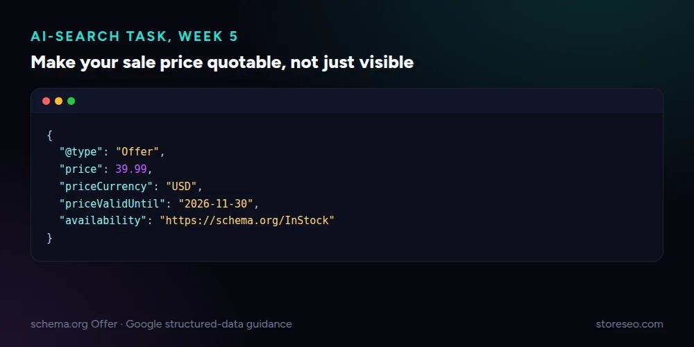 A code window showing a schema.org Offer with price, priceCurrency, priceValidUntil set to 2026-11-30 and availability set to InStock