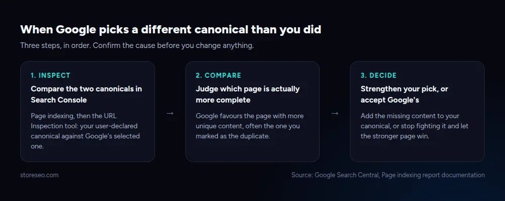 Three-step flow: Inspect the two canonicals in Search Console, Compare which page is more complete, then Decide to strengthen your pick or accept Google's