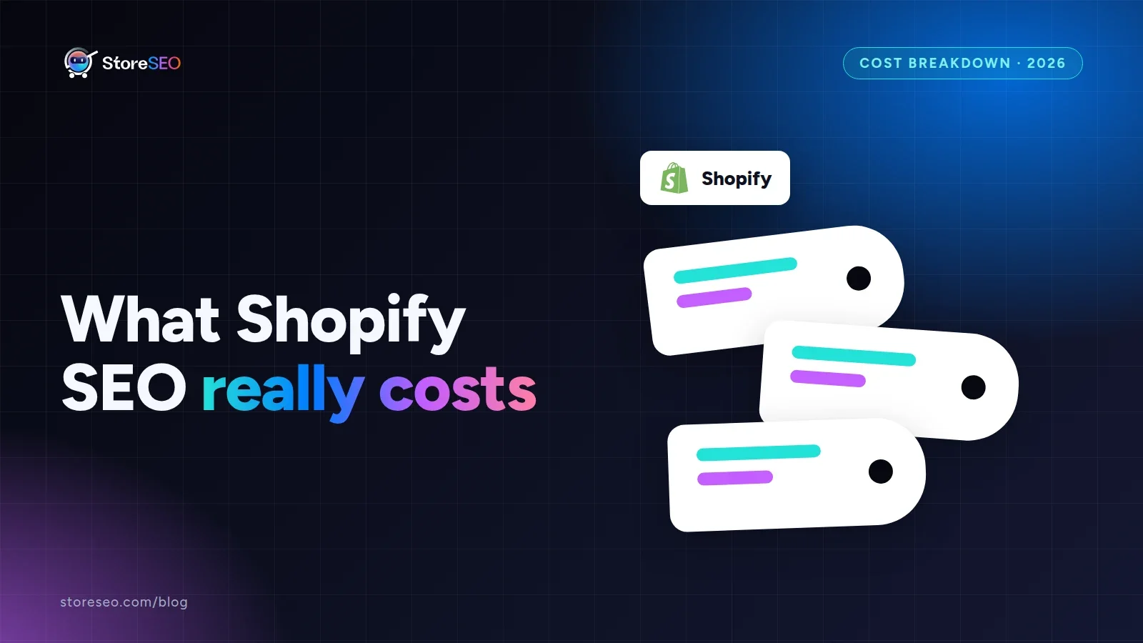 What Shopify SEO really costs, with the Shopify logo, StoreSEO cover
