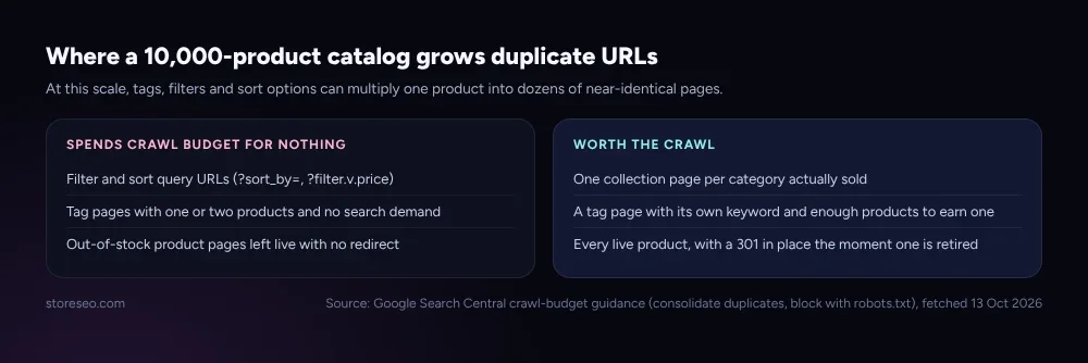 Where a 10,000-product catalog grows duplicate URLs