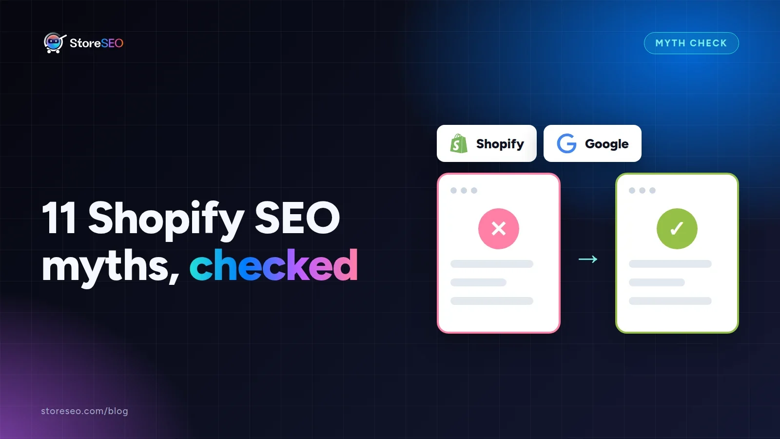 11 Shopify SEO myths, checked, with the Shopify and Google logos, StoreSEO cover