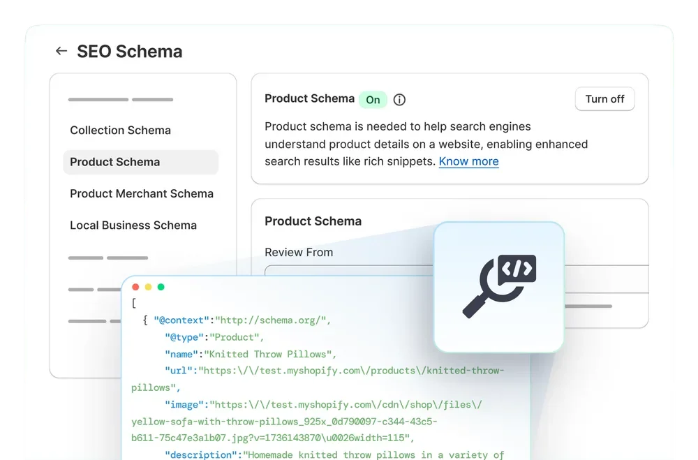 StoreSEO's SEO Schema screen, with Product Schema turned on and the JSON-LD it writes shown underneath