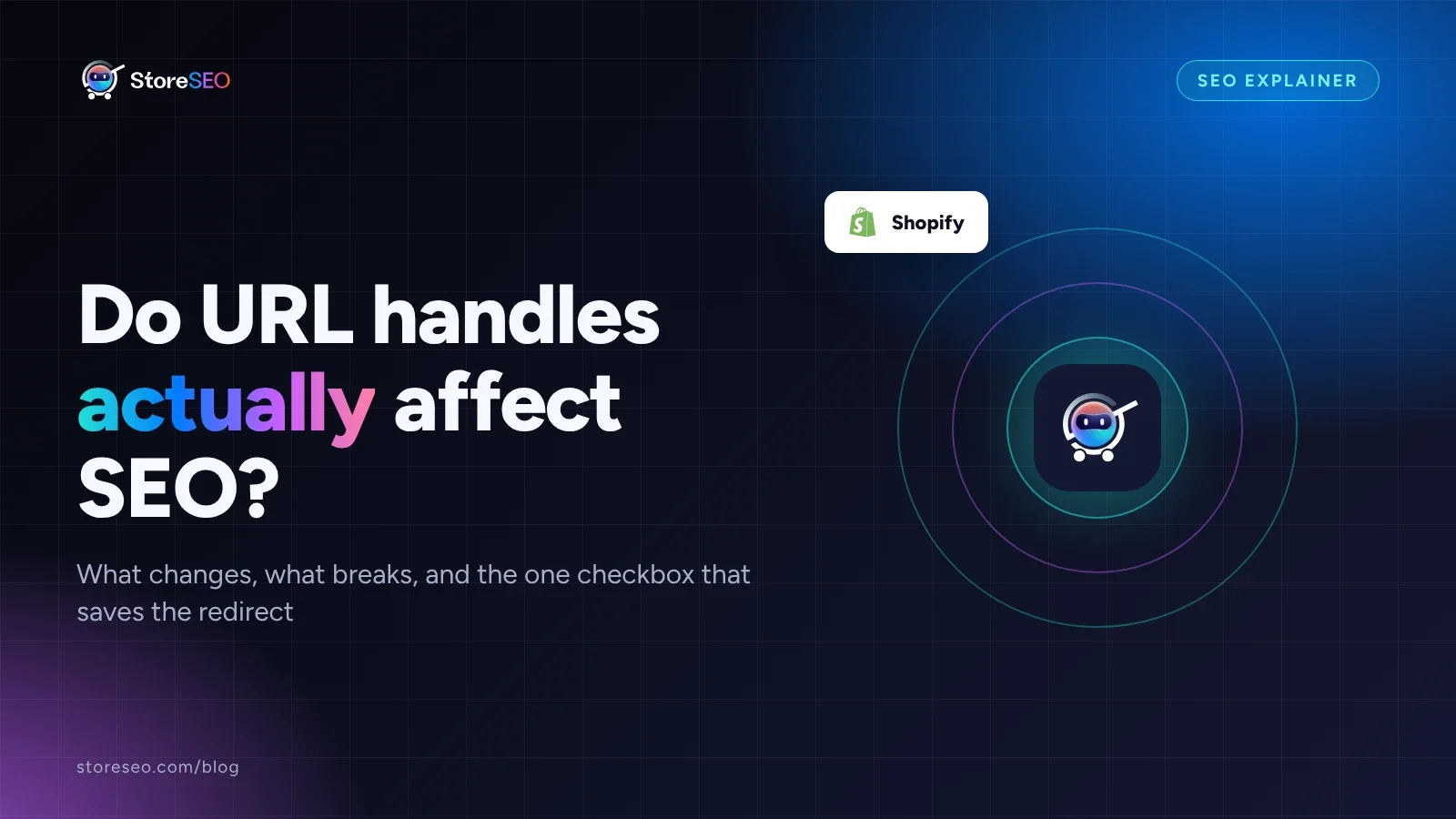 Cover reading Do URL handles actually affect SEO, with the Shopify logo and the StoreSEO mark on a dark gradient background