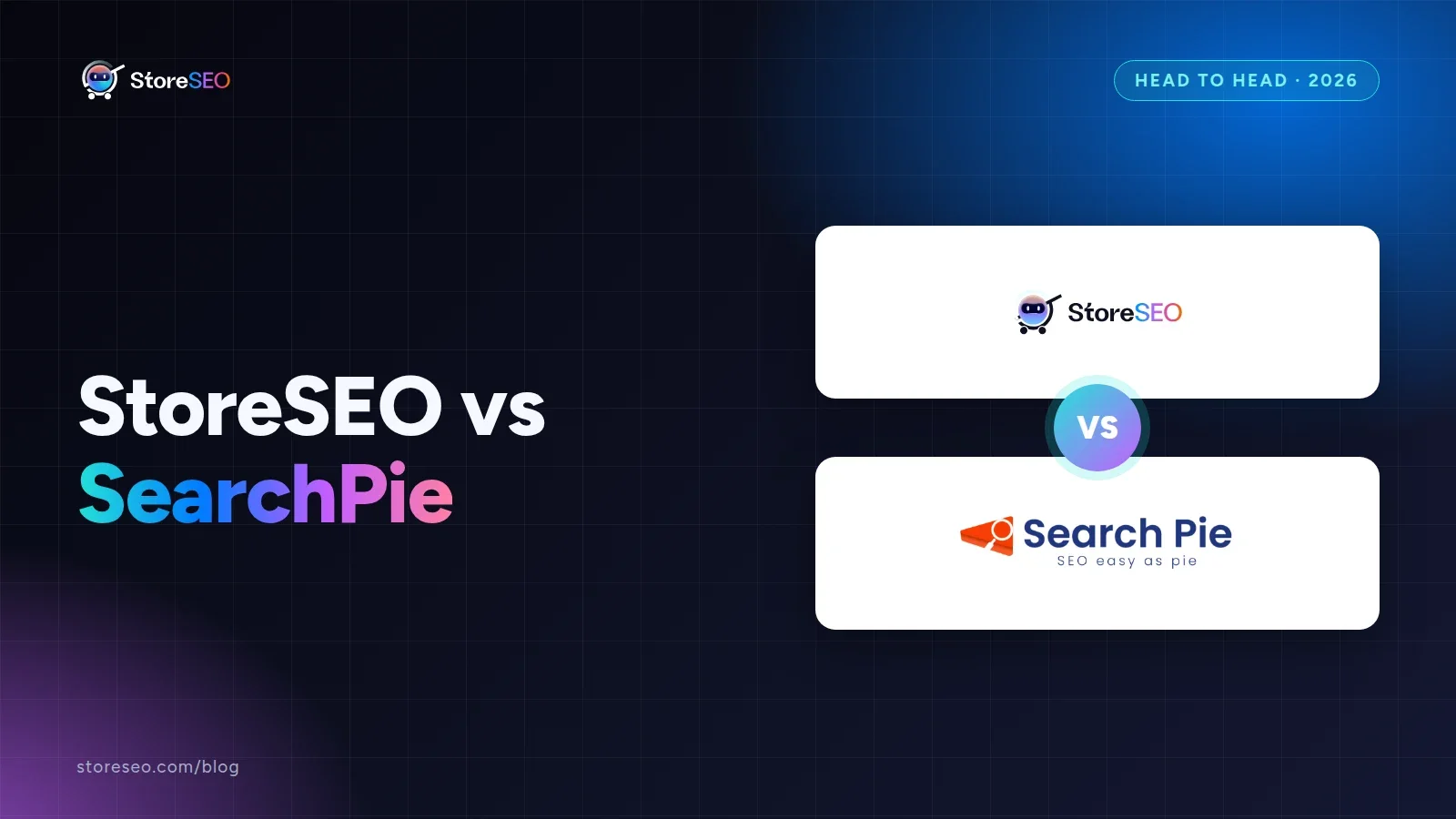 StoreSEO vs SearchPie, with the StoreSEO, SearchPie logos, StoreSEO cover