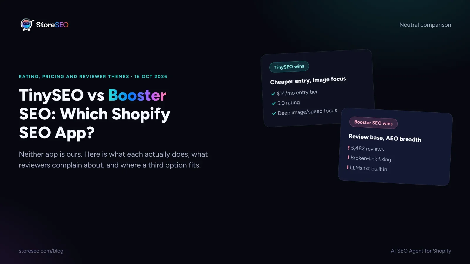 TinySEO vs Booster SEO comparison cover showing cards for where each app wins