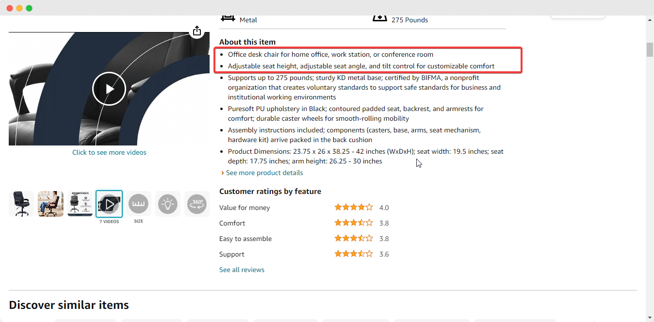 here's how this product has used a clear description about the desk chair on Amazon
