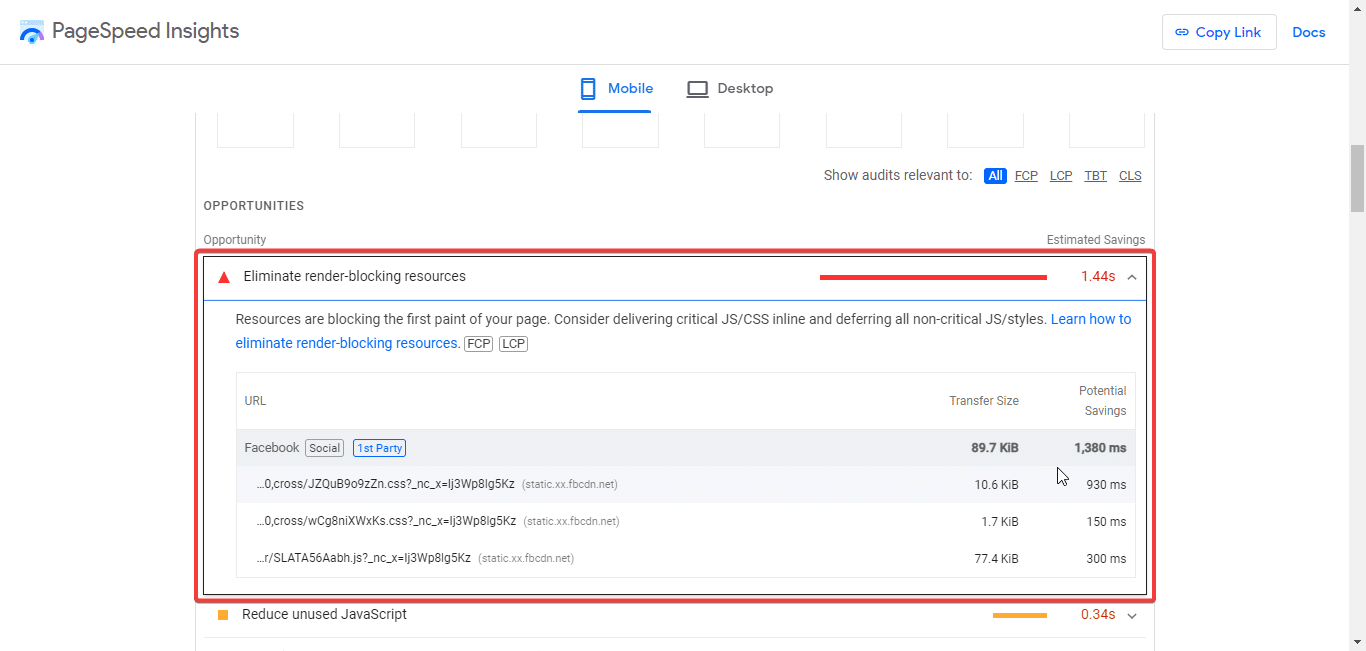 eliminate render-blocking resources on PageSpeed insights