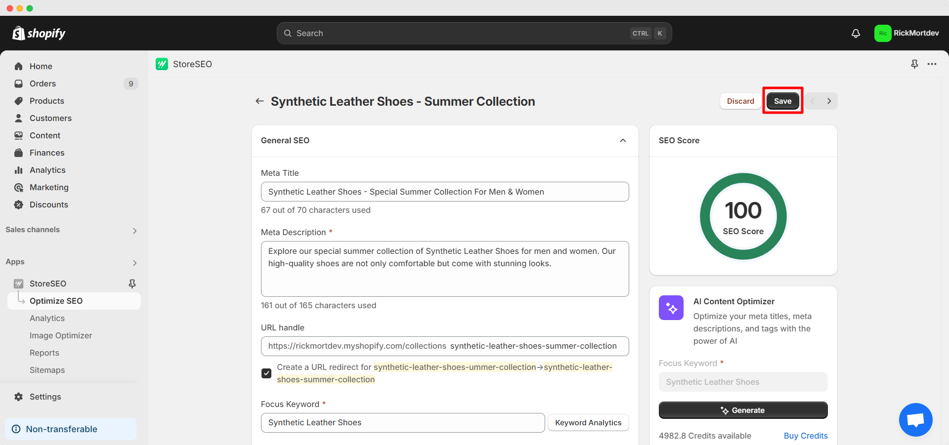 click on the save button when you are done with optimizing your Shopify collection page